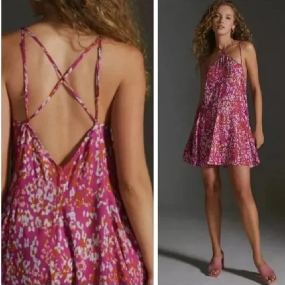Anthropologie pink printed strappy halter dress